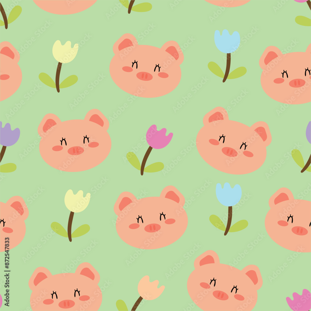 Obraz premium Seamless pattern with cute cartoon pigs, for fabric prints, textiles, gift wrapping paper. children's colorful vector, flat style