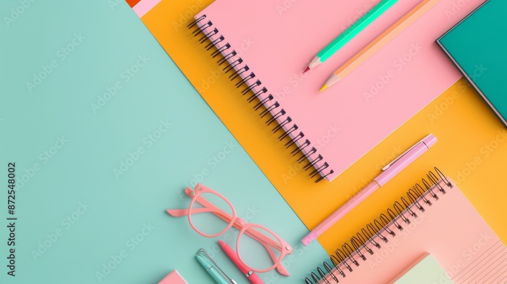 A dynamic flat lay of school stationery and office supplies, colorful and neatly arranged, modern graphic style, high-resolution details A dynamic flat lay of school stationery and office supplies, colorful and neatly arranged, modern graphic style, high-resolution details