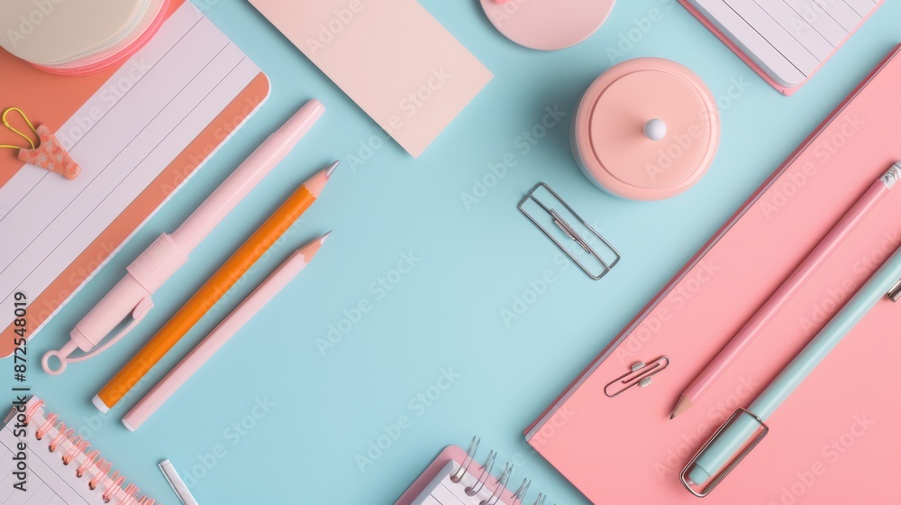 A dynamic flat lay of school stationery and office supplies, colorful and neatly arranged, modern graphic style, high-resolution details A dynamic flat lay of school stationery and office supplies, colorful and neatly arranged, modern graphic style, high-resolution details