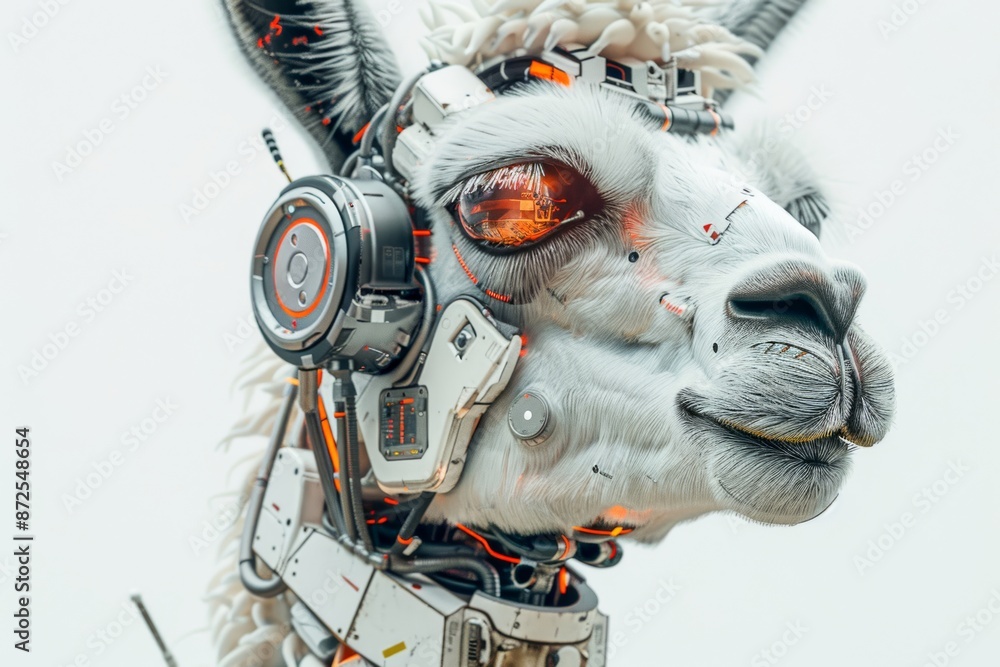 Llama portrait with half robot style, cyberpunk vibe, in minimal white background Llama portrait with half robot style, cyberpunk vibe, in minimal white background