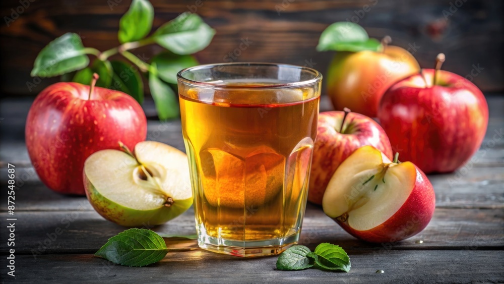 Fresh apple juice in a clear glass with apple slices, clear background Fresh apple juice in a clear glass with apple slices, clear background