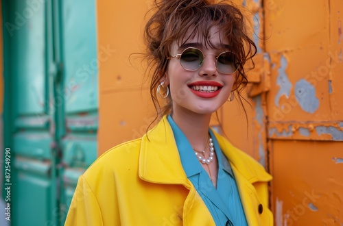 Woman Wearing Yellow Coat and Sunglasses in Urban Setting