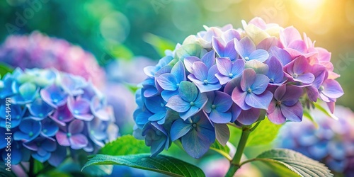 Delicate hydrangea flowers in soft focus, with intricate details and gentle petals in shades of blue and pink, against a blurred green background.