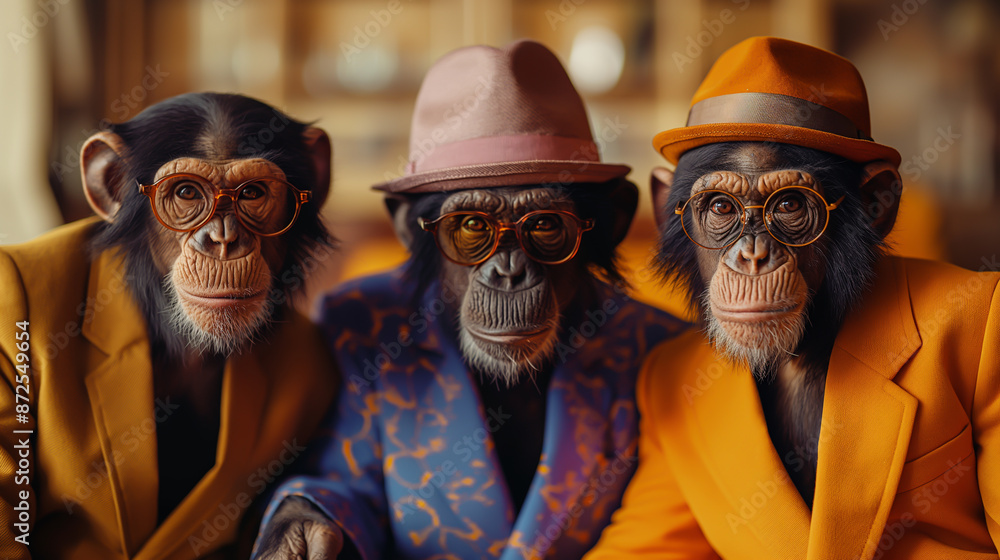 Three funny monkeys in colorful fashion outfits, wearing glasses and fancy hats on their heads. Three funny monkeys in colorful fashion outfits, wearing glasses and fancy hats on their heads.