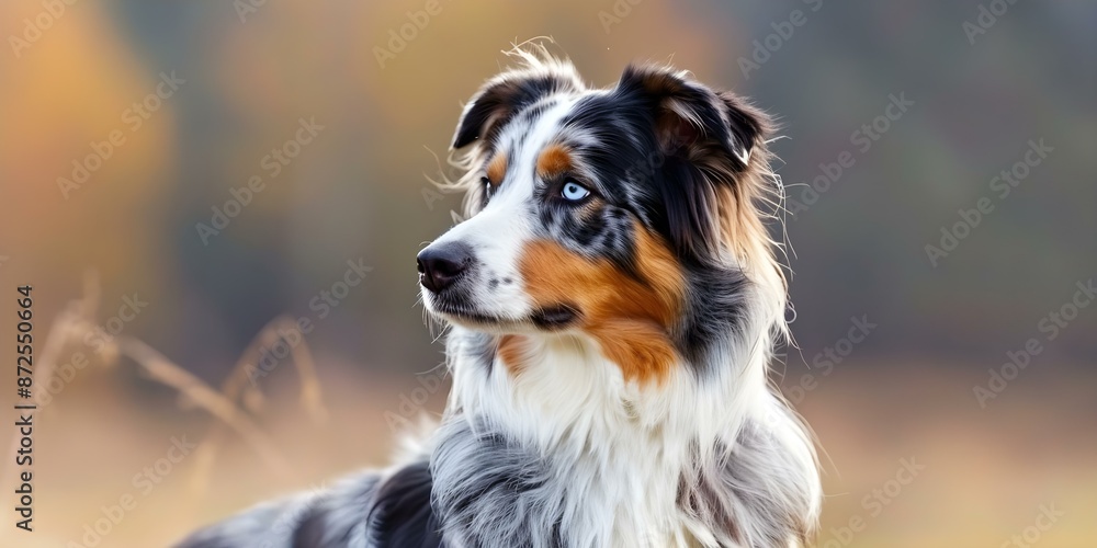 Proud and Alert Australian Shepherd Profile Highlighting Noble Posture, Attentive Demeanor, and Strong Herding Lineage. Concept Australian Shepherd, Noble Posture, Attentive Demeanor Proud and Alert Australian Shepherd Profile Highlighting Noble Posture, Attentive Demeanor, and Strong Herding Lineage. Concept Australian Shepherd, Noble Posture, Attentive Demeanor