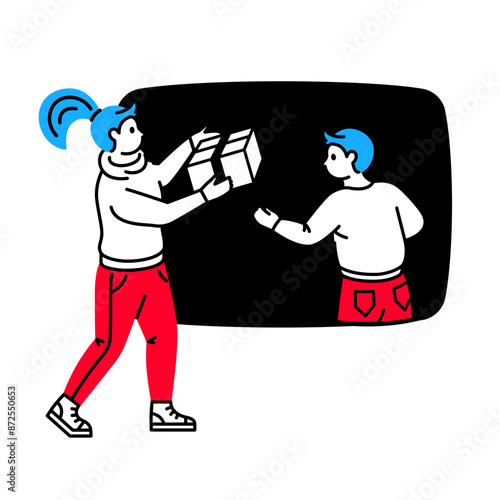 Woman delivering package to a man over portal