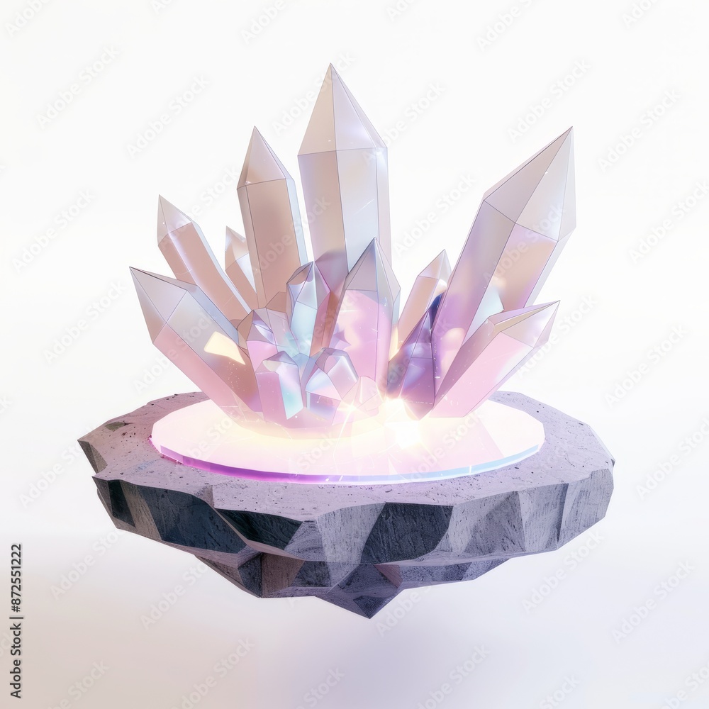 3D Render of a crystal floating platform emitting a soft glow, on isolated white background, Generative AI 3D Render of a crystal floating platform emitting a soft glow, on isolated white background, Generative AI
