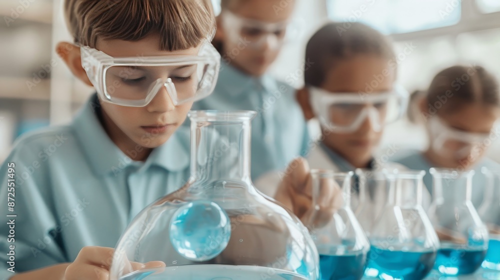 Diverse group of students eagerly participating in a hands-on science lesson, teacher demonstrating, bright and interactive learning environment Diverse group of students eagerly participating in a hands-on science lesson, teacher demonstrating, bright and interactive learning environment