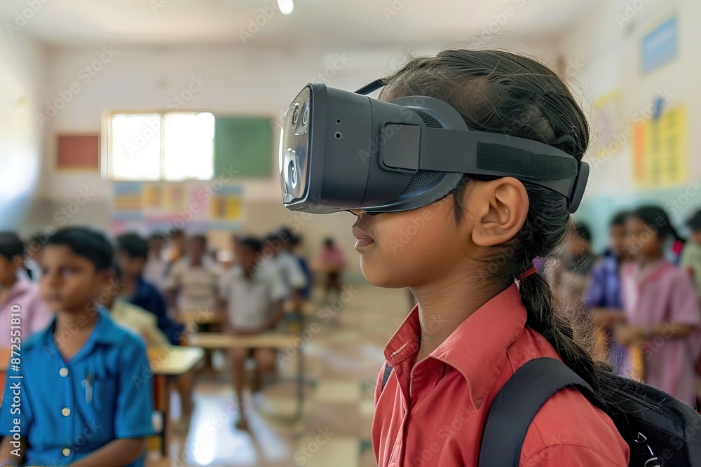 Indian student using virtual reality vision headset for study, VR Pro future, technology, Generative AI Indian student using virtual reality vision headset for study, VR Pro future, technology, Generative AI