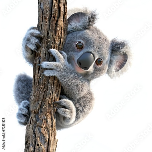 3D koala clinging to a tree branch, white background, adorable and relaxed Generative AI photo