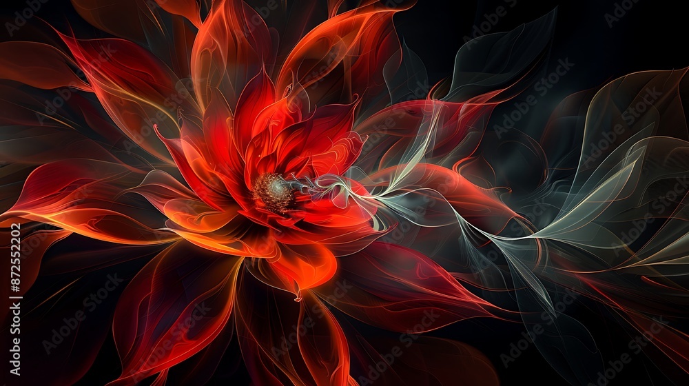 Abstract Red and Orange Flower on Black Background: A striking abstract flower with red and orange petals, layered to create depth, set against a solid black background, emphasizing the vibrant Abstract Red and Orange Flower on Black Background: A striking abstract flower with red and orange petals, layered to create depth, set against a solid black background, emphasizing the vibrant