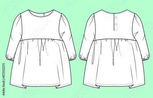 Girls crew neck long sleeve dress fashion illustration flat sketch vector. 