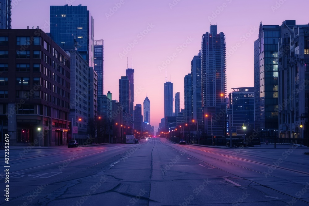 Fototapeta premium Empty City Street at Dawn with Purple Skyline