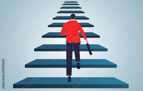 Positive attitude, motivation and challenge to move forward, progress and improvement in career, businessman running up the steps