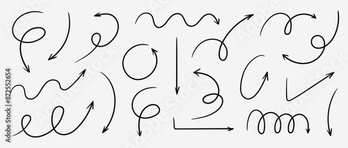 Arrow vector sketch icons set.  Swirl arrow doodle sign. Vector illustration.