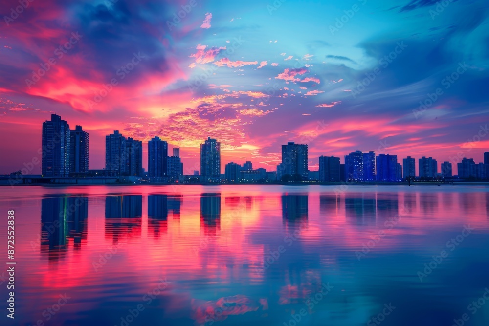 Fototapeta premium Pink Sunset Over City Skyline