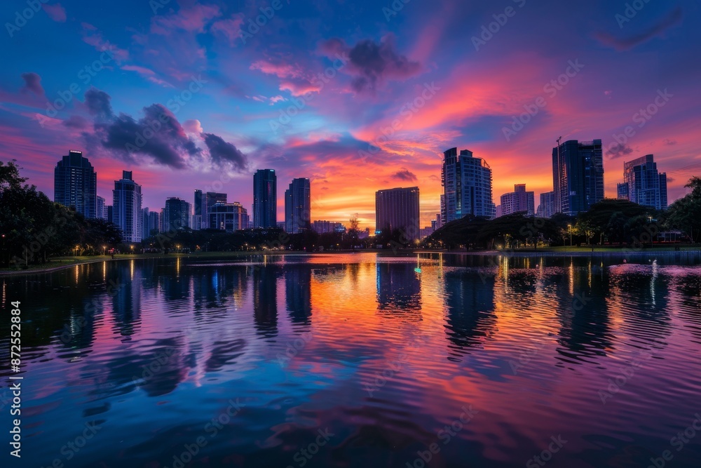 Fototapeta premium Cityscape Reflection at Sunset