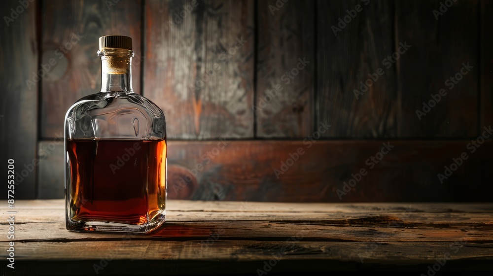 Bottle of brandy on a wooden table in a dark room Bottle of brandy on a wooden table in a dark room
