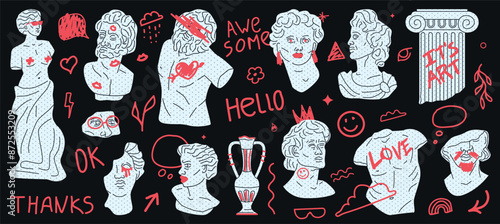 A collection of crazy Greek sculptures with doodle inscriptions, scribbles, bubbles, paint strokes and graffiti. Vector design elements.