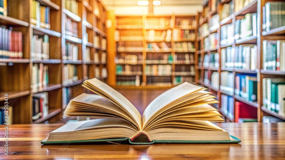 Open Book on Table in Library with Blurred Bookshelves Open Book on Table in Library with Blurred Bookshelves