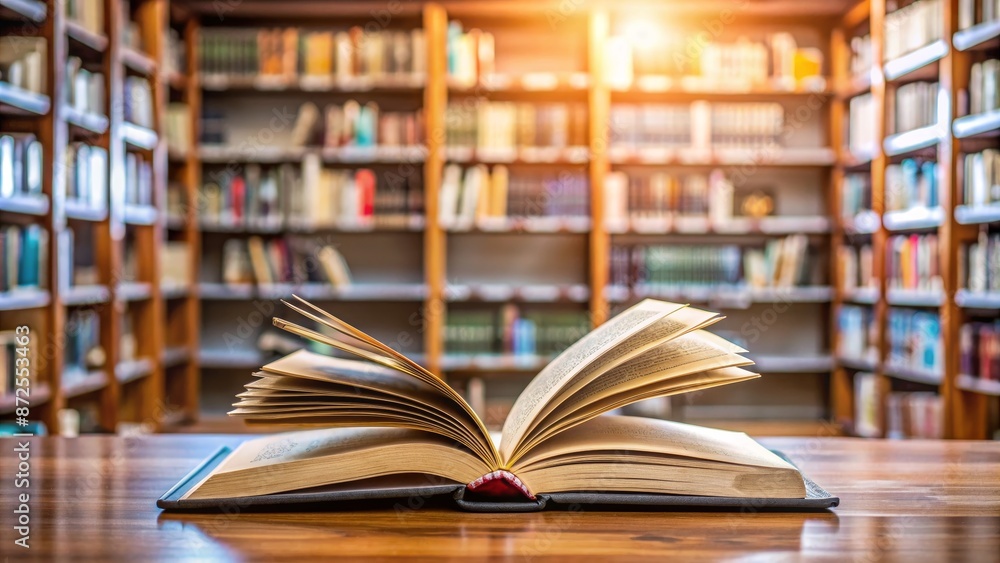 Open Book on Wooden Table in Library with Blurred Bookshelves Background Open Book on Wooden Table in Library with Blurred Bookshelves Background