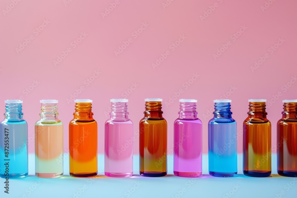 Colorful Bottles of Essential Oils on a Pink and Blue Background Colorful Bottles of Essential Oils on a Pink and Blue Background