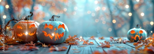 Lit Jack OLanterns Resting on Wooden Deck in Autumn Forest