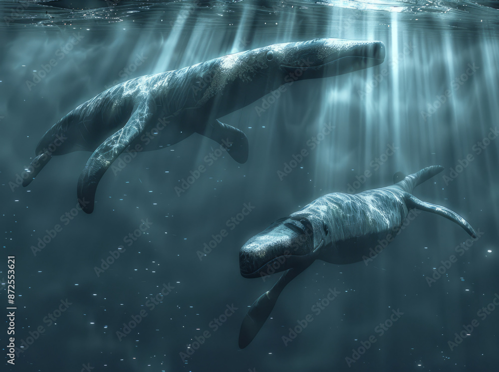 Fototapeta premium Two Plesiosaurs Swimming in the Depths