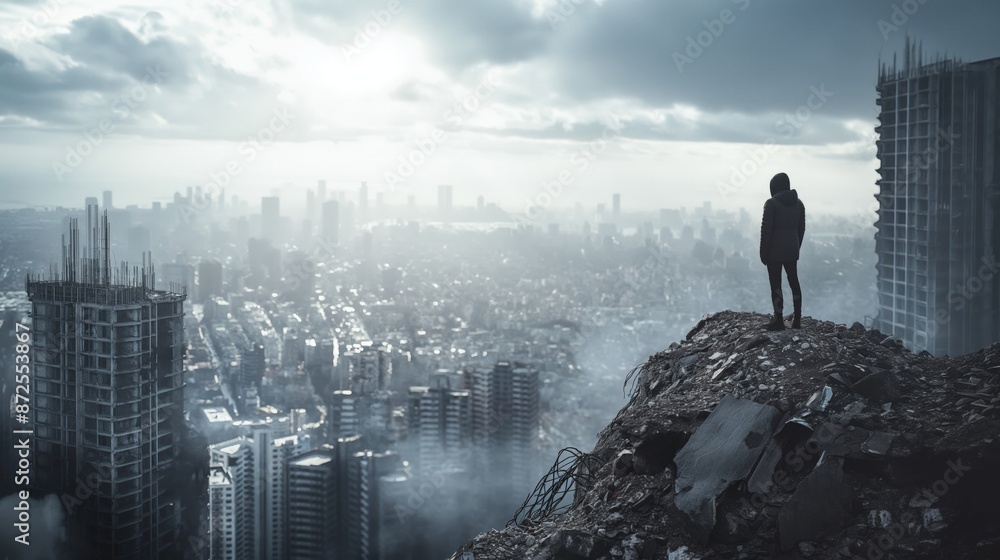 A lone figure standing on debris overlooking a foggy, dystopian cityscape, symbolizing solitude and desolation. A lone figure standing on debris overlooking a foggy, dystopian cityscape, symbolizing solitude and desolation.