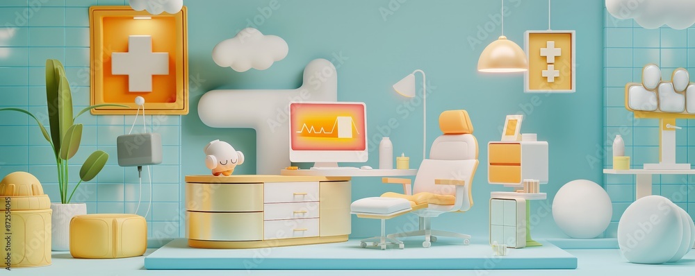 Bright modern office space with ergonomic furniture, desktop computer, stylish decor, and warm lighting for a comfortable work environment. Bright modern office space with ergonomic furniture, desktop computer, stylish decor, and warm lighting for a comfortable work environment.