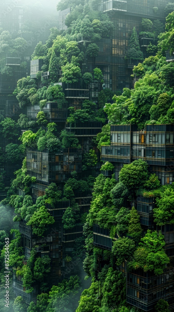 Panoramic view of buildings covered in vertical forests, integrating nature into urban architecture Panoramic view of buildings covered in vertical forests, integrating nature into urban architecture