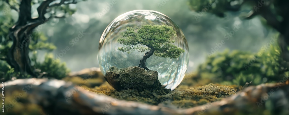 Miniature tree terrarium encased in a glass sphere nestled in a lush, mossy forest, creating a magical and serene atmosphere. Miniature tree terrarium encased in a glass sphere nestled in a lush, mossy forest, creating a magical and serene atmosphere.