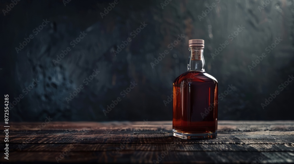 Bottle of brandy on a wooden table in a dark room Bottle of brandy on a wooden table in a dark room
