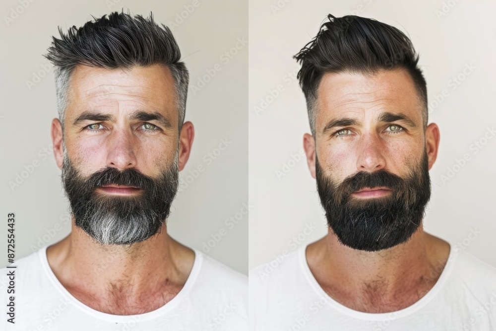 Handsome Bearded Man in White T-Shirt: Portrait Comparison before and ...