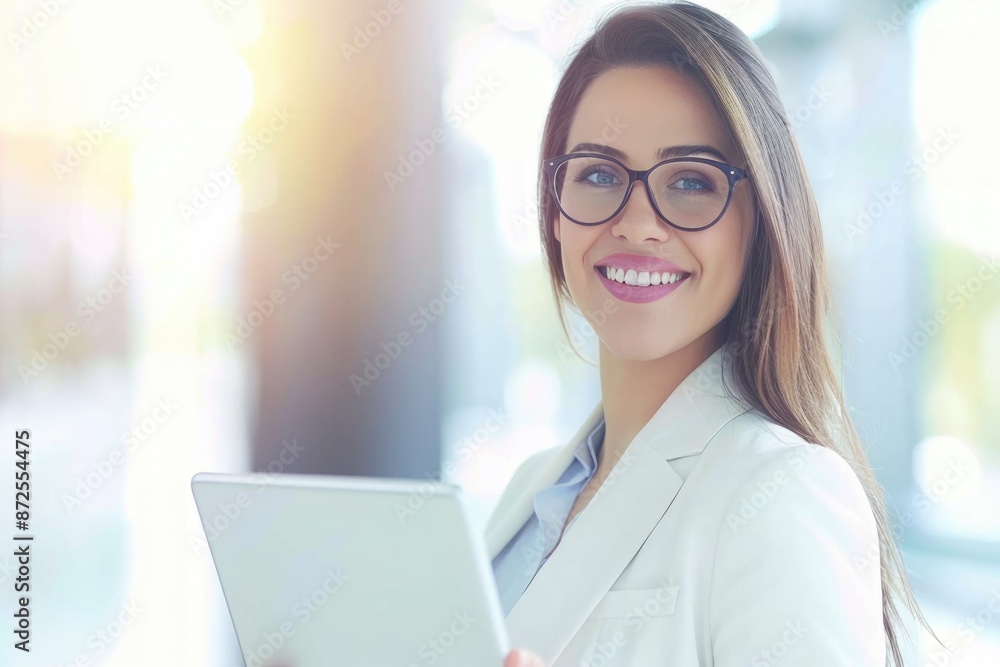 Professional Woman with Tablet Smiling in Bright Office Environment Professional Woman with Tablet Smiling in Bright Office Environment