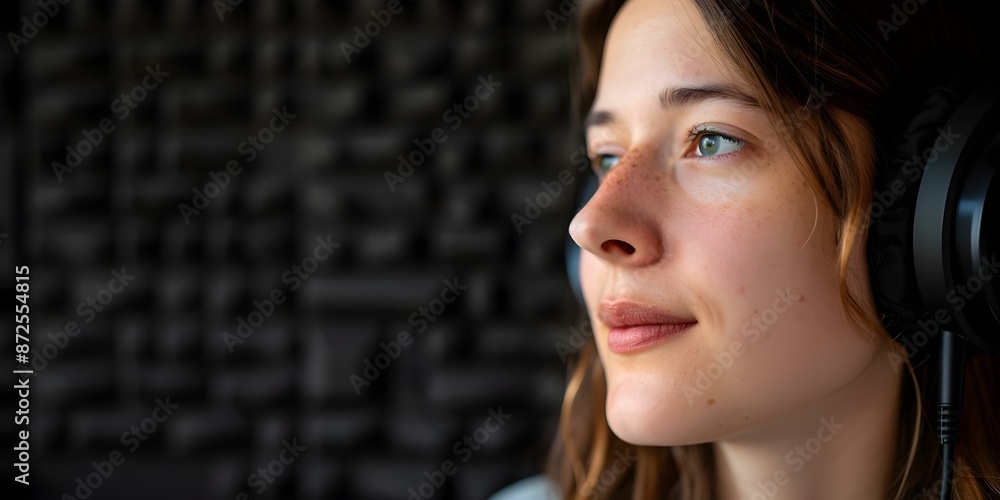 Woman recording voiceover work in a soundproof studio for business purposes. Concept Voiceover Recording, Soundproof Studio, Business Presentation, Professional Narration Woman recording voiceover work in a soundproof studio for business purposes. Concept Voiceover Recording, Soundproof Studio, Business Presentation, Professional Narration