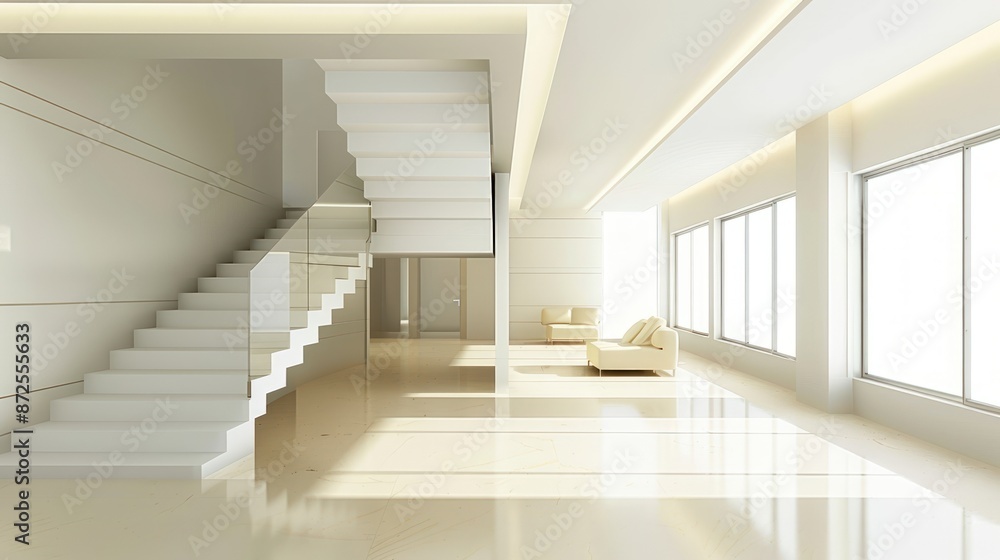 Obraz premium Modern Minimalist Interior Design with Staircase and Window Views