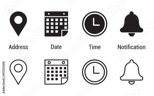 Address location icon. Stopwatch timer icon, Date Calendar and  Notification bell icon sign. Vector