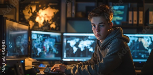 Young Man Working on Multiple Monitors With World Maps Displayed