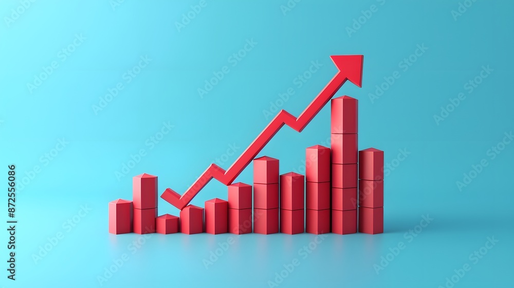3D red bar graph chart with ascending trend arrow on blue background, representing growth, success, and financial progress. 3D red bar graph chart with ascending trend arrow on blue background, representing growth, success, and financial progress.