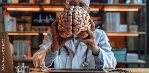 Male Doctor Holding A Brain Model In An Office Setting