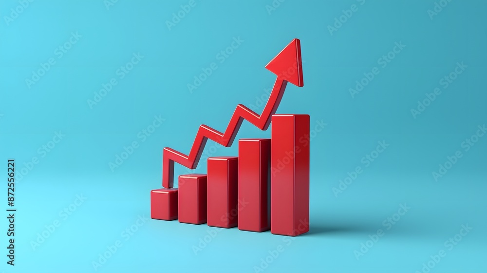 A 3D red bar graph with an upward arrow indicating growth or success against a blue background. A 3D red bar graph with an upward arrow indicating growth or success against a blue background.
