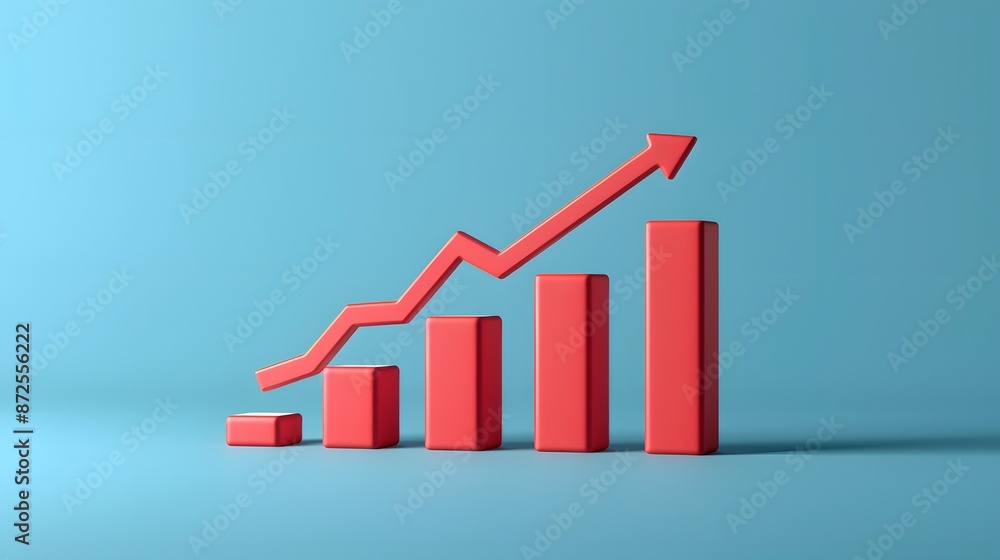 3D Graph showing positive growth trend with rising red bars and an upward arrow on a blue background, indicating business success. 3D Graph showing positive growth trend with rising red bars and an upward arrow on a blue background, indicating business success.