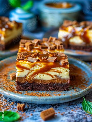 Caramel cheesecake bars on a plate. © VISUAL BACKGROUND