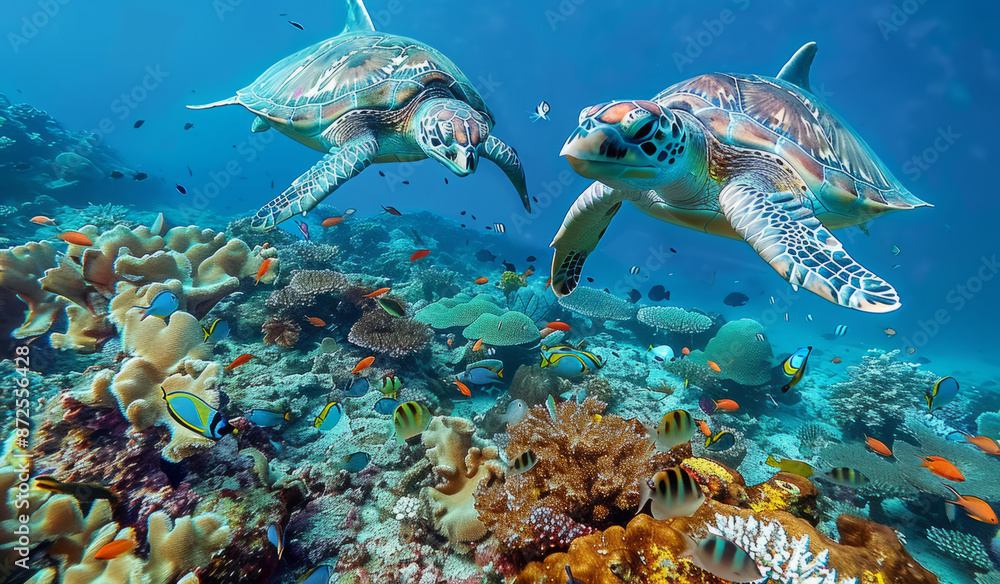 Sea Turtles Swimming Through Coral Reef Sea Turtles Swimming Through Coral Reef