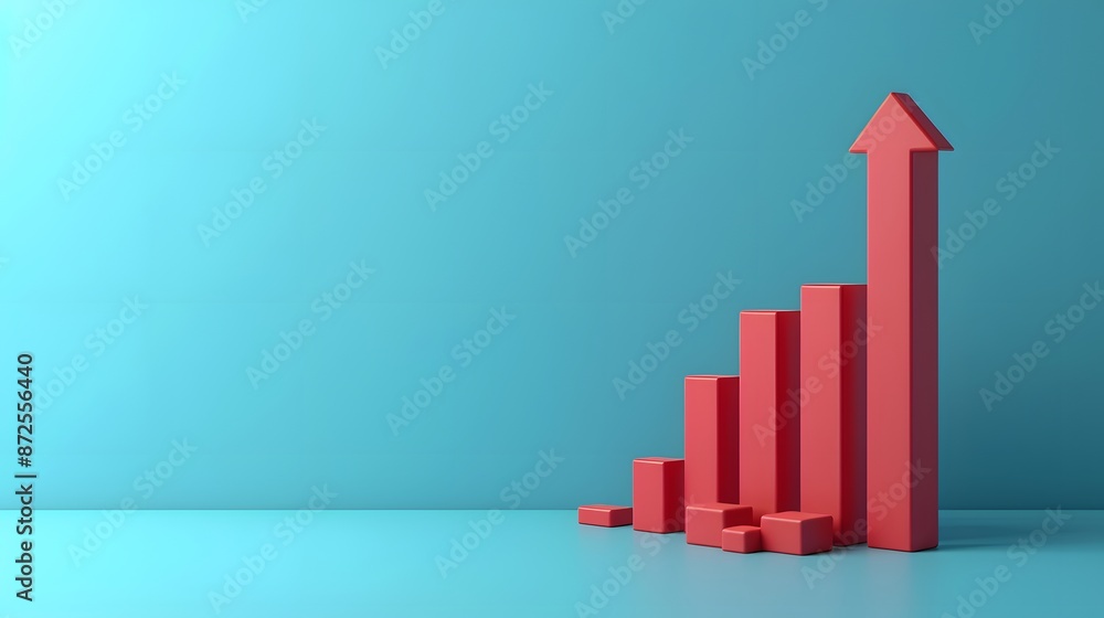Red 3D bar graph with arrow showing upward growth trend against a blue background, symbolizing business success and financial progress. Red 3D bar graph with arrow showing upward growth trend against a blue background, symbolizing business success and financial progress.