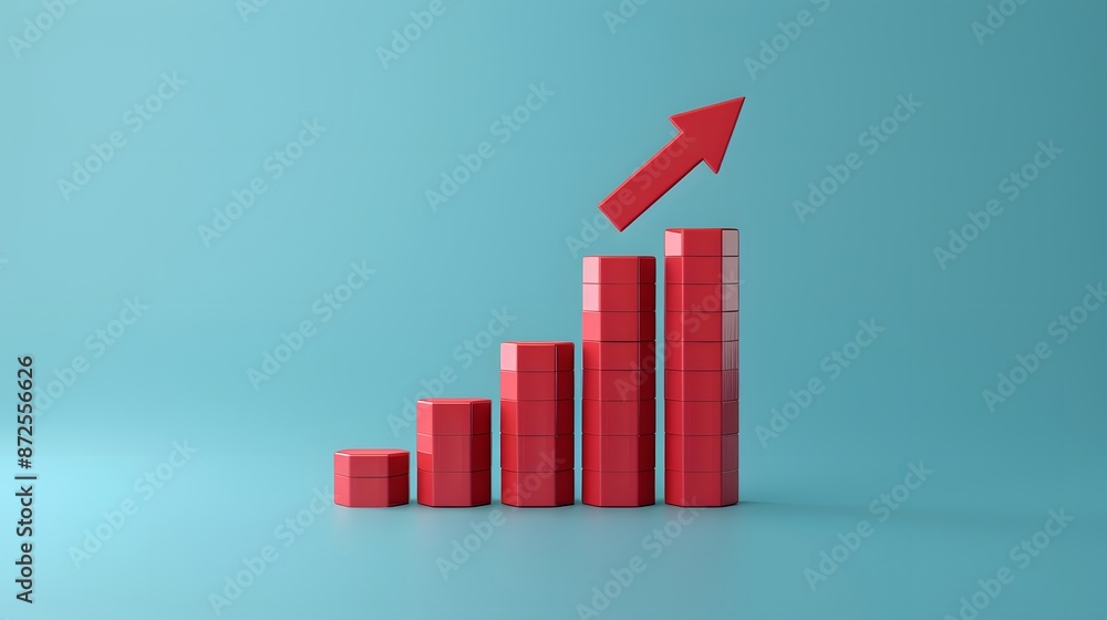 Red bar graph rising on blue background with upward arrow, representing growth, success, or positive trend in business statistics. 3D Illustration. Red bar graph rising on blue background with upward arrow, representing growth, success, or positive trend in business statistics. 3D Illustration.