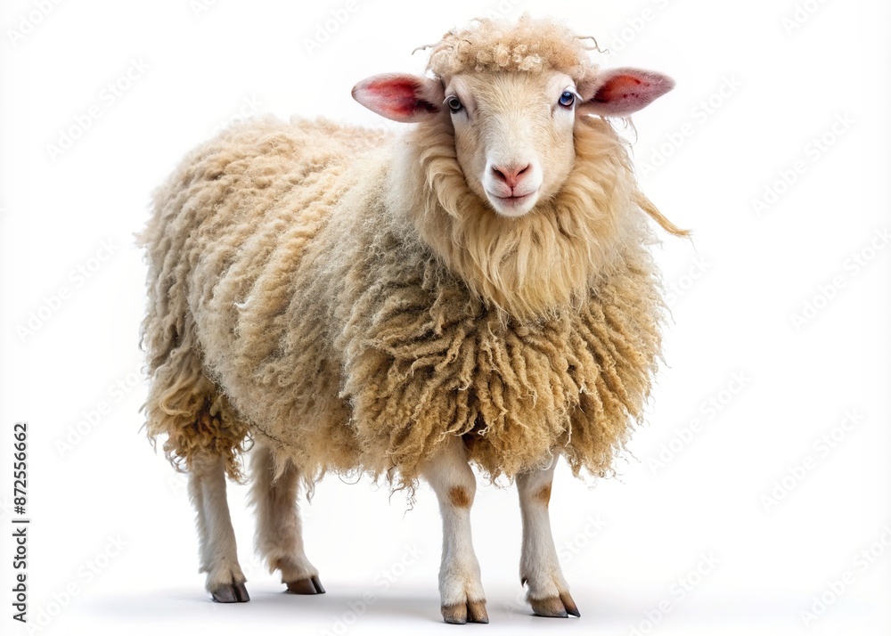 Fototapeta premium Adorable fluffy sheep with curly horns and soft fur stands alone on a pure white background, showcasing its gentle nature and rustic charm.