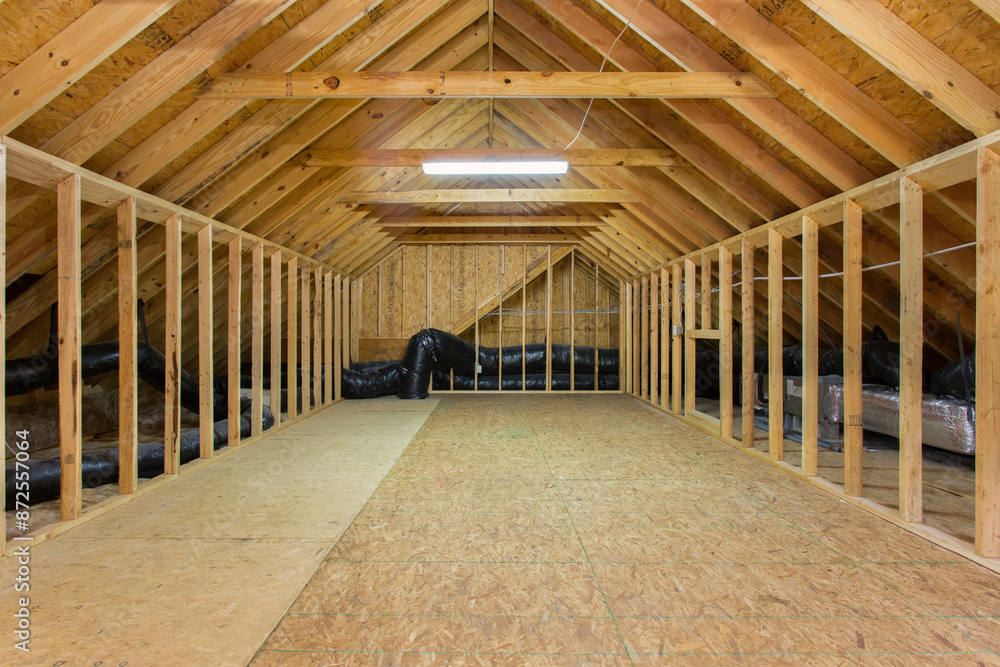 Unfinished Attic Space With Wooden Beams And Visible Insulation