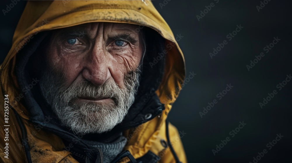 Create a solemn portrait of a fisherman, his weathered face reflecting years of hard work, standing against a dark, moody background that highlights his resilience and connection to the sea. Create a solemn portrait of a fisherman, his weathered face reflecting years of hard work, standing against a dark, moody background that highlights his resilience and connection to the sea.